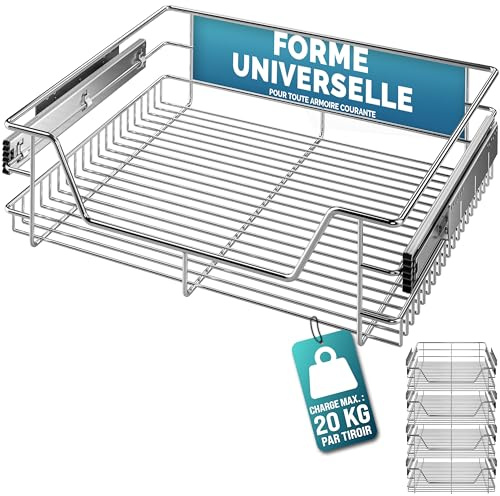 CASARIA® Teleskopschublade 4x | 60cm, 20kg, Ausziehbar, Schublade, Korbauszug, mit Zubehör, Haushalt, Küchenschrank Verchromt, 57x44x14, Belastbar, vier