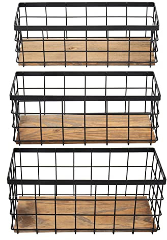 TIEYIPIN Farmhouse Decor Metal Wire Storage Baskets, Wood Base Containers Organizing Basket Caddy Bin for Kitchen Cabinets, Bathroom, Pantry, Garage, Laundry Room, Closets - Small - Black (Set of 3)