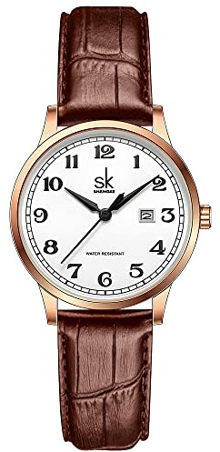 SHENGKE SK Classic Business Women Montres avec Bracelet en Acier Inoxydable et Montre élégante en Cuir véritable pour Dames (Rosegold-Brown)
