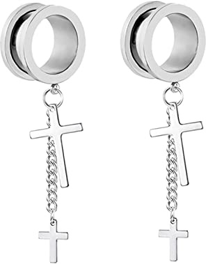 Homxi 2 Stück Flesh Tunnel Set 6-25mm,Plug Edelstahl Ohr 2G Plug Ohr Rund mit Kette und Kreuz Ohren Tunnel Set Silber