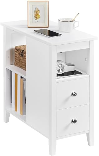 Yaheetech Narrow Bedside Table with 2 Drawers and 3 Shelves, 3-Tier Sofa Side Table Slim Nightstand Storage Organizer File Cabinet for Living Room Bedroom Small Space, Easy to Assemble, E1 MDF, White