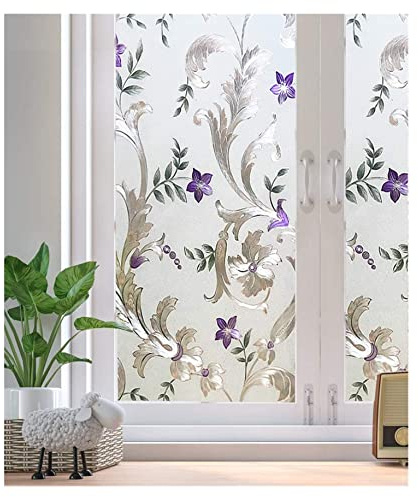 Fensterfolie,Sichtschutzfolie Fenster Dekorative Fensterfolie, Violette Blume, Sichtschutz-Türfolie, Selbstklebende Folie, kein Kleber, Buntglas, Anti-UV-Fensteraufkleber (Size : 60x100cm)