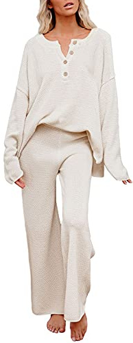Viottiset Damen 2-Teiliges Langarm Pyjama Set Trainingsanzug Knopf Strick Pullover Top Hose Lose Outfit Beige XL