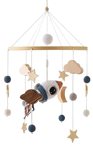 TROYSINC Babysäng, mobil baby, vindspel, trämobil baby, barnrum, hängande sängklocka, present till babyflickor eller pojkar, skallra leksak (raket)