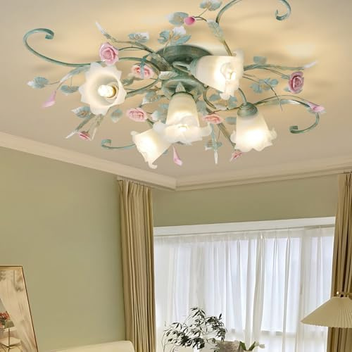 KISFWIU 5-Light deckenleuchte,Grüne Esszimmer Deckenleuchte mit Metallisches Glas weißem Lampenschirm und rosa Keramik Rosen Anwendbar auf Wohnzimmer Schlafzimmer küche Blumenleuchten Ceiling lamp