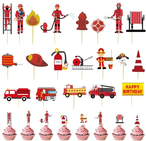 CHmiss 20Pcs Teilige Feuerwehr Cupcake Topper,Feuerwehr Kuchen Deko,Tortendeko Feuerwehrauto Kindergeburtstag,Kuchen Deko Feuerwehr,Tortendeko Feuerwehr,für Kindergeburtstag,Partydekoration