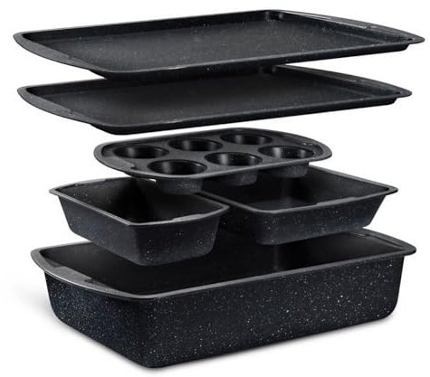 Bakken Swiss - Bakeware Set – 6 Piece – Stackable, Deluxe, Non-Stick Baking Pans for Professional and Home Cooking – Carbon Steel, Gray Stone Coating