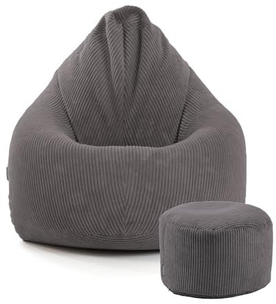 mokebo® Sitzsack Cord XXL mit Hocker für Kinder & Erwachsene in Anthrazit 'Der Tagträumer', Set aus Indoor Bean Bag und Pouf, auch als Bodenkissen, Sitzkissen, Liegekissen mit EPS-Perlen Füllung