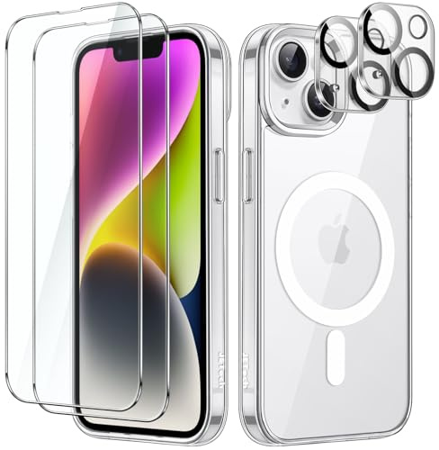 JETech 5-in-1 Magnetische Hülle für iPhone 14 Plus, Durchsichtig | Kompatibel mit MagSafe, 2 Gehärtete Glas Schutzfolien, 2 Kameraschutz Folien, Stoßfeste Handyhülle