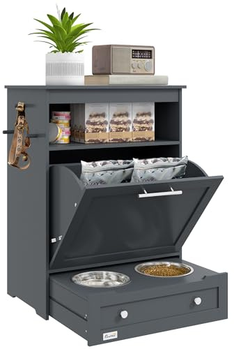 PawHut Pet Feeder Station, Contenedor de almacenamiento de comida para perros con cuencos elevados y colgador para alimentación y riego, gris