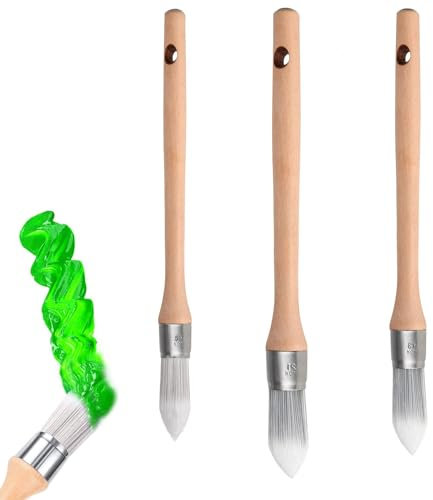 3 Stück Rund Lackierpinsel, Langem Holzgriff Pinsel, kleine Pinsel für Wände, Runde Pinsel, 3 Größen, mit Loch zum Aufhängen, für Wandmalerei und Kleben