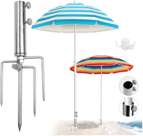 Votgutvo Sonnenschirmständer mit Rasendorn, Abnehmbar Sonnenschirmhalter Erdspieß, Einstellbar Schirmständer aus Rostfreiem Stahl mit Vier-Ecken-Haken, Bodenhülse Sonnenschirm für Strand, Gras, Sand