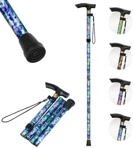 supregear Folding Floral Walking Stick for Women, 5-Level Adjustable Height Collapsible Cane for Ladies, Lightweight Portable Travel Cane for Elderly Disabled, Indigo