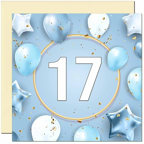 Geburtstagskarte zum 17. Geburtstag für Männer und Frauen – Blau-weiße Ballon-Geburtstagskarte für 17-jährige Teenager-Mädchen, Tochter, Enkelin, Schwester, Kinder, siebzehnt, Cousin und Nichte