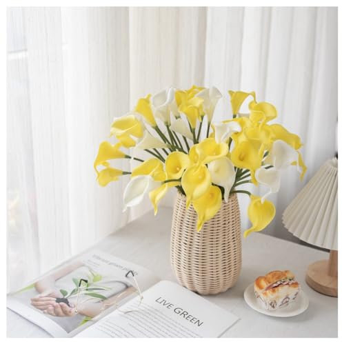 Rockreyoa Künstliche Calla Lilie Künstliche Deko Blumen Kunstblumen Authentisch Wirkende Oberflächenstruktur Weichem PU Stiel für Tisch Home Party Dekoration DIY Creme + Gelb 10 Köpfe