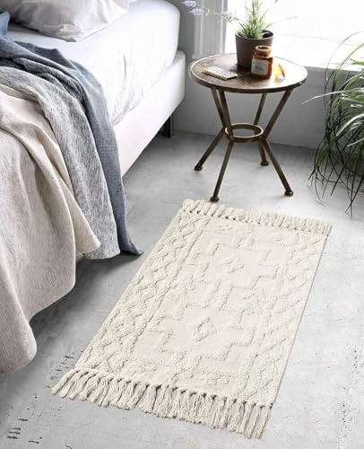 JaeMoose Tapis Boho pour couloir en coton, tapis de cuisine lavable avec franges, tapis tissé à la main, tapis marocain pour couloirs, chambres, salles de bain (Beige, 60 x 90 cm)