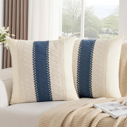 DakTou Boho Kissenbezug 40x40 Navy Blau Gestreift Gewebt Strukturiert Kissenhülle Baumwolle Dekorative Kissenbezüge Retro Dekokissen Sofakissen Zierkissenbezüge für Sofa Schlafzimmer 2er Set