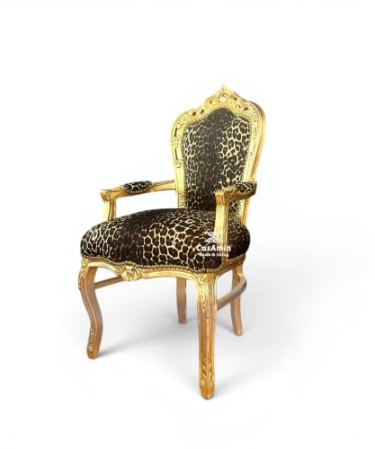 CasAmin Home & Living Chaise d'appoint de style Louis français avec finition dorée, fauteuil de style baroque rococo avec imprimé animal marron marron pour la décoration de la maison dans le salon