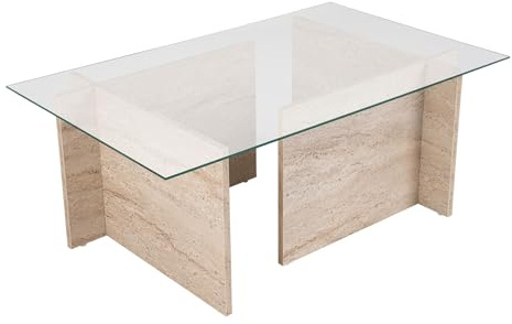 Hanah Home Élégante Table à café, Travertine, 105 x 65 x 40 cm, 100% Verre trempé et Panneau de Particules revêtu de mélamine, épaisseur 18 mm, Design élégant en marbre pour espaces de Vie Modernes