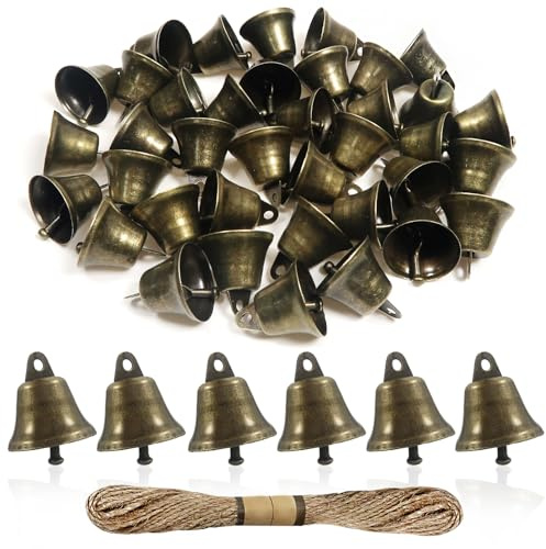 TOAOB 40 Stück Bronze Glöckchen zum Basteln Vintage Glocken 22 mm | Metallglöckchen Mit 1 Rollen Hanfseil, für Windspiele Machen Handwerk Urlaubsdekoration Weihnachtsglocken Haustierglocken