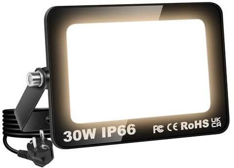 SKYWORLD Projecteurs Extérieur avec prise, 30W 3000LM 3000K Blanc Neutre | IP66 Étanche Éclairage de Sécurité, Applique Murale Extérieure, Spot Led Lampe pour Jardin Patio Garage Terrasse Chantier