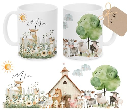 Manufaktur Liebevoll Tasse mit Namen Kinder Kindertasse mit Namen Becher Keramik Mädchen Junge Namenstasse Bauernhof Geschenk