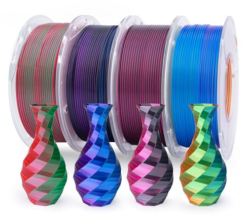 ELEGOO Filamento Seta PLA 1,75 mm Multicolore 4×250 g, Silk PLA Filamento per Stampante 3D Precisione dimensionale +/- 0,02 mm, Set da 4 bobine da 250 g, Bicolore & Tricolore