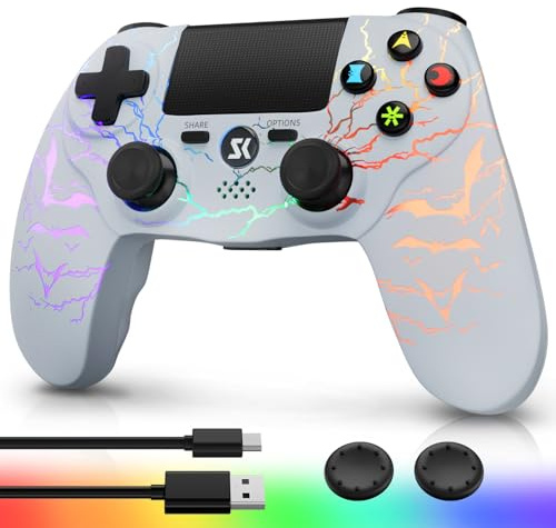 Kujian Wireless Controller for PS4 with RGB LED Modes, Gaming Remote with 1000 mAh Battery/Dual Shock/6-Axis Gyro/3.5mm Audio Jack/Speaker, Gaming Controller for Playstation 4/PS3(White)
