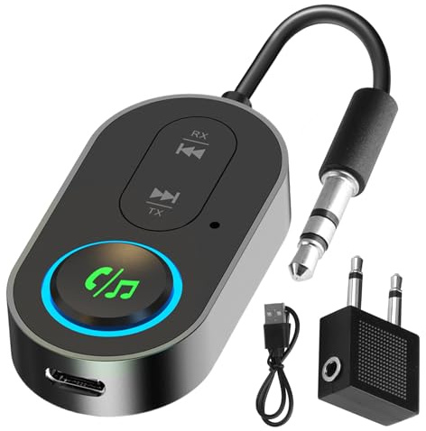 Bluetooth 5.3 Transmitter Receiver 2 in 1 Audio Adaptor 2025 New Wireless Airplane Adapter with 3.5mm AUX Jack Dual Bluetooth Compatible with 2 Airpods or Wireless Headphones for Planes Airline TV Car