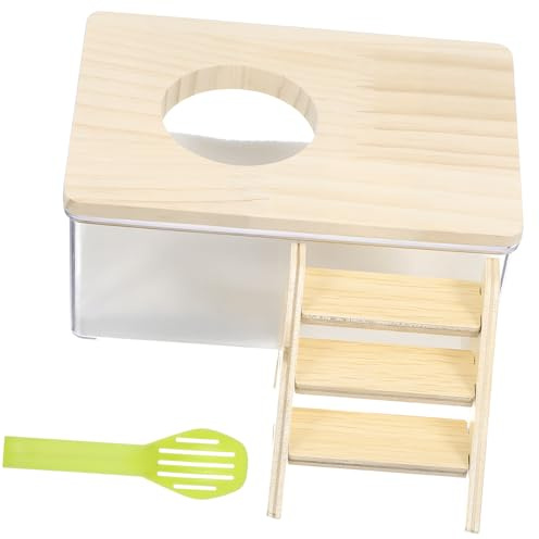 INOOMP Transparent Hamster Sand Bath Box with Wooden Climbing Ladder and Sand Scoop Small Animal Sandbox for Chinchilla Dust Bath Easy to Clean and Observe