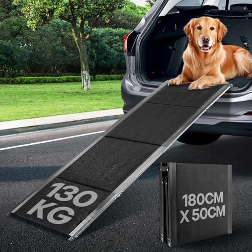 Hunderampe Auto Klappbar,180cm Extra Lang Hunderampe, rutschfest Hunderampen für Autos, LKWs und SUV, bis 130 kg, Rampe Hund für Große und ältere Hunde, Aluminiumrahmen