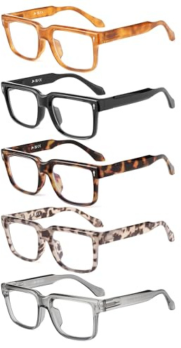 JM Lot de 5 lunettes de lecture pour femmes et hommes, lunettes de lecture carrées pour ordinateur bloquant la lumière bleue avec charnières à ressort