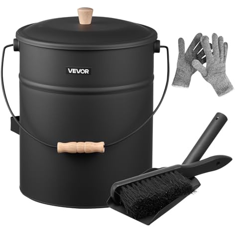 VEVOR Ash Bucket, 4 PCS with Lid, Shovel, Broom and Gloves, Metal Fireplace Charcoal Bucket and Ash Can, 15L Large Capacity for Fireplace, Fire Pits, Wood Burning Stoves, Indoor and Outdoor