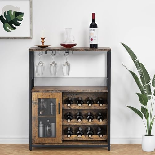 OPULENTHOME Hölzerne Weinschrank Aus Netztür Und 3 Einstellbar stöckig,BarSchrank Mit Arbeitsfläche & 3 Glashalter,Barmöbel Für Eingangsbereich, Wohnzimmer, Küche,92x69x35cm,Braun
