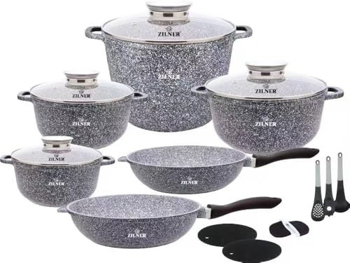 ZILNER Töpfe & Pfannen Set, 17-teilig, Keramikbeschichtung, Glasdeckel, Silber