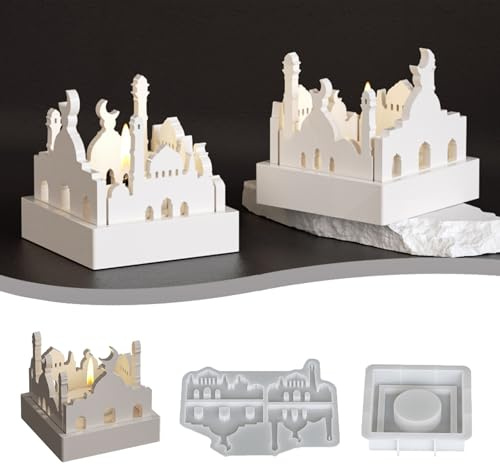 Silikonformen Gießformen Kerzenhalter, Ramadan Schloss Silikonform Kerzenhalter, 2er Set Gießformen Silikon Häuser, Gipsformen zum Gießen, Giessformen Silikon für DIY Ramadan Deko Kerzenständer (A)