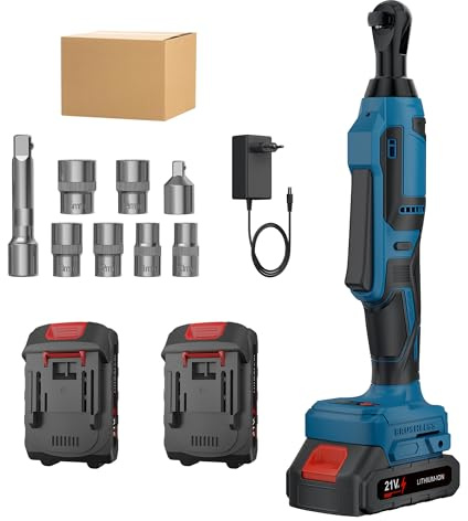 UEXEDO Chiave a cricchetto elettrica 21 V, 90 °, 250 n·M Chiave a cricchetto senza fili, con 2 batterie e accessori per kit completo per riparazione auto, costruzione e fai da te professionale (1)