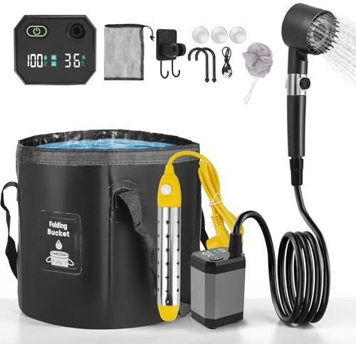 Acemora 8000mAh Campingdusche & 1.5KW Warmwasserbereiter- Schnelle Erwärmung auf 176°F | digitales Display | IPX8 wasserdicht | 20L Faltbarer Wassertank, Mobile Camping Dusche mit Wasserfilter