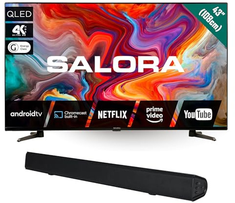 SALORA TV QLED 43 Pollici 4K Ultra HD con Soundbar 2.1 80W – Android 11, HDR10+, Dolby Vision & Atmos, Chromecast Integrato, HDMI ARC – Kit Home Cinema
