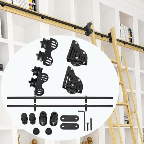 Sliding Library Ladder Hardware, Carbon Steel Material, Sliding Ladder Rail Track Kit with Floor Roller Wheels and Brake, Easy to Install, Ladder Rail Hardware (6.6ft/2m Track Kit)