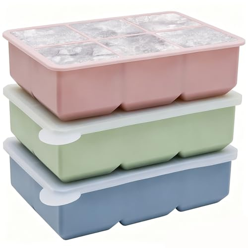 3-Pack Silicone Ice Cube Trays with Lid, Stackable Large Silicone Ice Cube Tray, 2 Inch Square Ice Cube Moulds for Freezer Whiskey Cocktail Coffee