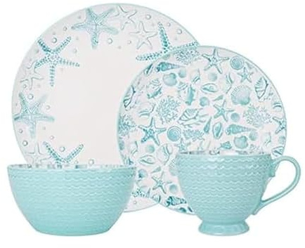 Pfaltzgraff Venice 16-Piece Stoneware Dinnerware Set, Service for 4, Aqua and White Color Combination, Durable and Chip Resistant, Microwave Safe