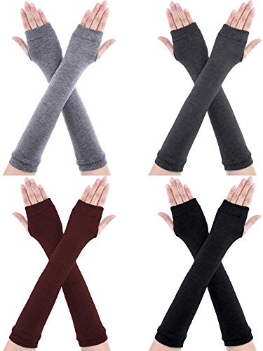 Bememo 4 Pair Long Arm Sleeves with Thumb Hole Fingerless Gloves for Women Punk Arm Warmer Elbow Length Gloves for Adult(Black, Light Grey, Dark Grey, Coffee)