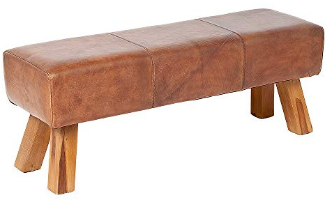 LEBENSwohnART Leder Bank Maxi-L Cognac ca. L120cm Teak Echtleder Lederbank Sitzbank Turnbock