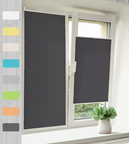 Vkele Plissee ohne Bohren Klemmfix – Faltrollo Jalousie Anthrazit 50x130cm(BxH), Lichtdurchlässig & Blickdicht, Sonnenschutz & Sichtschutz, Easyfix Rollo für Fenster & Tür