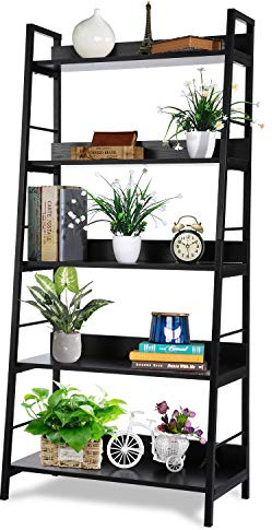 Homdox 5 Tier Ladder Shelf, Industrial Bookshelf Wood and Metal Bookcase, Plant Flower Stand Rack Book Rack Storage Shelves for Home Decor