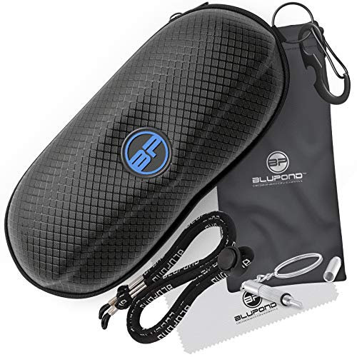 BLUPOND EVA halbhartes Sonnenbrillenetui. Aufbewahrungsetui für Brillen mit Metallhaken zum Herumtragen. Schwarz.