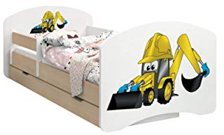 HappyBabies - Doppelseitiges Kinderbett MIT SCHUBLADE Modernes Design mit sicheren Kanten und Absturzsicherung Schaumstoffmatratze 7 cm Leichte Birne (Bagger, 190/90)