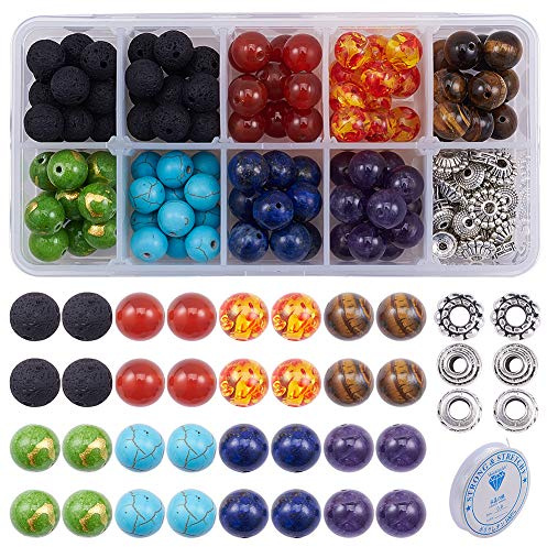 SUNNYCLUE 200pcs + 6mm Cuentas de Piedra de Lava de 7 Chakras Naturales Cuentas Redondas Sueltas Kit Abalorios Espaciadoras con Cuerdas de Cristal para Hacer Joyas de Aceites Esenciales
