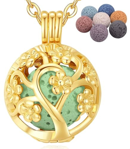 INFUSEU Aromatherapie Kette, Kirschblüten 18K Gold Aroma Diffuser Kette Anhänger Halskette Muster Anhänger Duftstein Damen Schmuck